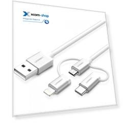 Кабель интерфейсный UGREEN 50203 3-in-1, USB 2.0 A to micro USB+Lightning+Type C, в оплетке, 1,5 м, серебристый