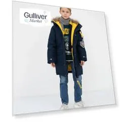 Куртка-парка зимняя с шрифтовым декором и натуральным мехом Gulliver (164)