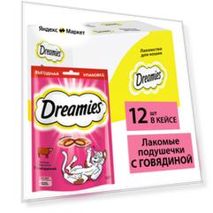 Лакомство для кошек Dreamies подушечки с говядиной, 12 шт по 140 г