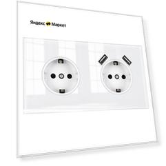 Розетка двойная с 2 USB-портами, 16А 250В, со шторками, рамка закаленное стекло, цвет белый. F8