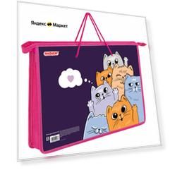 Папка на молнии с ручками пифагор А4, 1 отделение, пластик, ручки-шнурок, Cats greetings, 272111