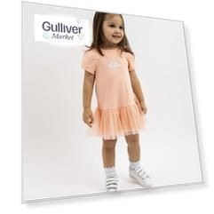 Платье детское коралловое трикотажное с коротким рукавом с отделкой из сетки Gulliver (86-52)
