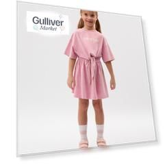 Платье детское розовое трикотажное с коротким рукавом имитирующее комплект Gulliver (122)