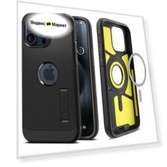 Чехол Spigen на Apple iPhone 15 Pro (ACS06733) Tough Armor MagFit / Спиген чехол для Айфон 15 Про MagSafe с подставкой , противоударный, с защитой камеры, черный