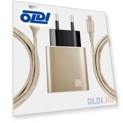 Сетевое зарядное устройство LENZZA Piazza Metallic Wall Charger. Два порта USB 5В, 2,1А. В комплекте: кевларовый кабель Lightning to USB Cable. Цвет золотой.