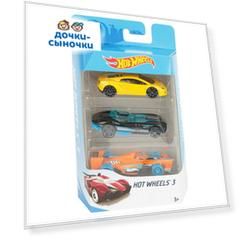 Машинка Hot Wheels Желтая с черными колесами/черно-голубая/оранжево-голубая, 7 см