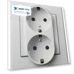 Розетка Ospel GP-2RSP/38 двойная, с заземлением Schuko, с защитными шторками, 16A, 250V, 3520W, IP-20, клеммы винтовые, серебро матовое