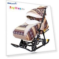 Санки-коляска Snow Galaxy Luxe, Скандинавия, коричневая, на больших мягких колесах c сумкой и муфтой