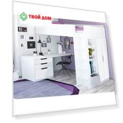 Кровать-чердак Polini kids Simple с письменным столом и шкафом, белый 90х200