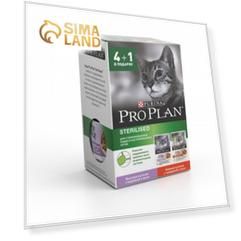 Акция 4+1! Влажный корм PRO PLAN для стерилизованных кошек, индейка/говядина, пауч, 5 х 85
