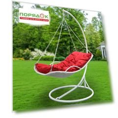 Подвесное кресло Кокон, 1-мест, 110х86х198 см, 150 кг, Green Days, белое, ротанг, подушка красная, H073-19-1850