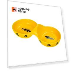 Petmax Миска для кошек двойная с рис. Рыбья Кость 24см желтая керамика
