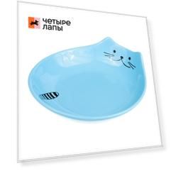 Petmax Миска для кошек блюдце овал с ушками/хвостом 15,5 см голубая керамика