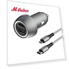 InterStep мощность(30W)USBA+USBC +каб. нейлон,1,5м, т-серый