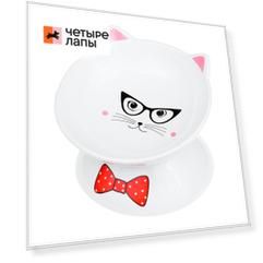 Petmax Миска для кошек на ножке с бантиком 16см белая керамика