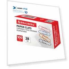 Скрепки BRAUBERG 221534 канцелярские, 28 мм, с цветными полосками, 100 шт, в картонной коробке
