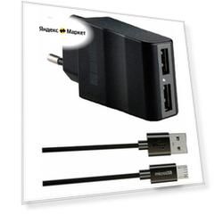 Сетевое зарядное устройство Interstep 30708, 2xUSB, microUSB, 2.1A, черный [is-tc-micro2krt-000b201]