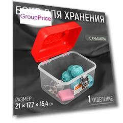 Бокс для хранения швейных принадлежностей, с крышкой, 21 × 17,7 × 15,4 см, цвет прозрачный/красный