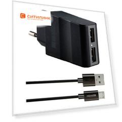 Сетевое зарядное устройство Interstep 30708, 2xUSB, microUSB, 2.1A, черный [is-tc-micro2krt-000b201]