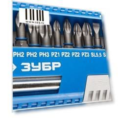 Набор бит ЗУБР ЭКСПЕРТ 26050-H11  с маг.адаптером Cr-Mo PH1/PH2/PH3/PZ1/PZ2/PZ3/SL55/SL65 11шт