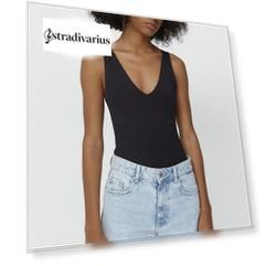 Stradivarius Боди Из Полиамида С V-Образным Вырезом Черный M