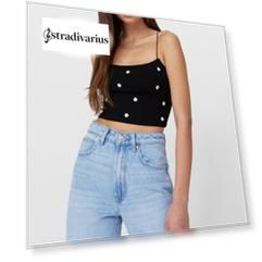 Stradivarius Топ С Вышивкой «Ромашки» Черный L