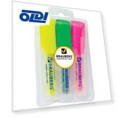 Текстмаркеры BRAUBERG "FLUO", набор 3 шт., прозрачный корпус, скошенный 1-5 мм (желтый, зеленый, розовый)