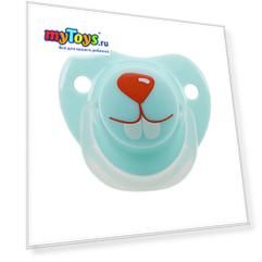 Силиконовая ортодонтическая пустышка Happy Baby "Кролик" с 12 мес, голубая