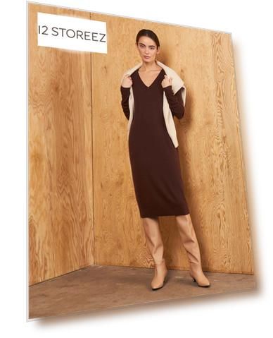 Цвет: Коричневый, white, Размер: S, Наименование en: Cashmere and wool V-neck dress