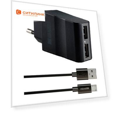 Сетевое зарядное устройство Interstep 30708, 2xUSB, microUSB, 2.1A, черный [is-tc-micro2krt-000b201]