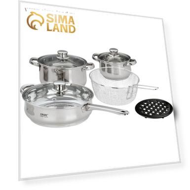 Набор посуды CALVE, 8 предметов: кастрюли 1,8 л; 3,6 л, сковорода с крышками, ковш, подставка